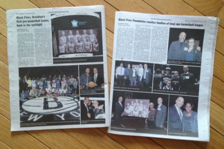The unveiling of the Black Fives Murals at the Barclays Center earned two consecutive weeks of full-page coverage in the New York Amsterdam News, the popular and historic African American newspaper headquartered in Harlem. Amsterdam News Coverage of Barclays Unveiling