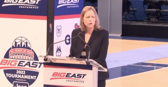 BIG EAST Conference commissioner Val Ackerman announces its continued partnership with the Black Fives Foundation at Madison Square Garden during the association's media day, 2022.
