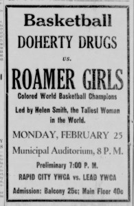 An advertisement in a Rapid City newspaper for an upcoming Roamer Girls game, 1935. Roamer Girls newspaper advertisement