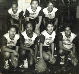 The Jamaica, Long Island Golden Arrows with Louise Woods, standing far right, and Shirley Farnum, kneeling far left. The Golden Arrows with Louise Woods