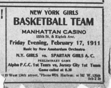 Newspaper advertisement featuring the New York Girls and the Spartan Girls Athletic Club, 1911. Newspaper advertisement featuring the New York Girls and the Spartan Girls Athletic Club.
